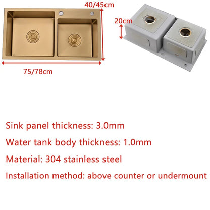 Goldene Küchenspüle über der Theke, Doppelschüssel, Goldkorb, Abtropffläche, Seifenspender, Waschbecken, Spülbecken aus Edelstahl 304, Spülbecken