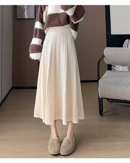 Sweet Vintage Knitted Long Skirts Women Preppy Style High Waist Loose A Line Skirts Fall Winter Retro Simple Elegant Long Skirts.