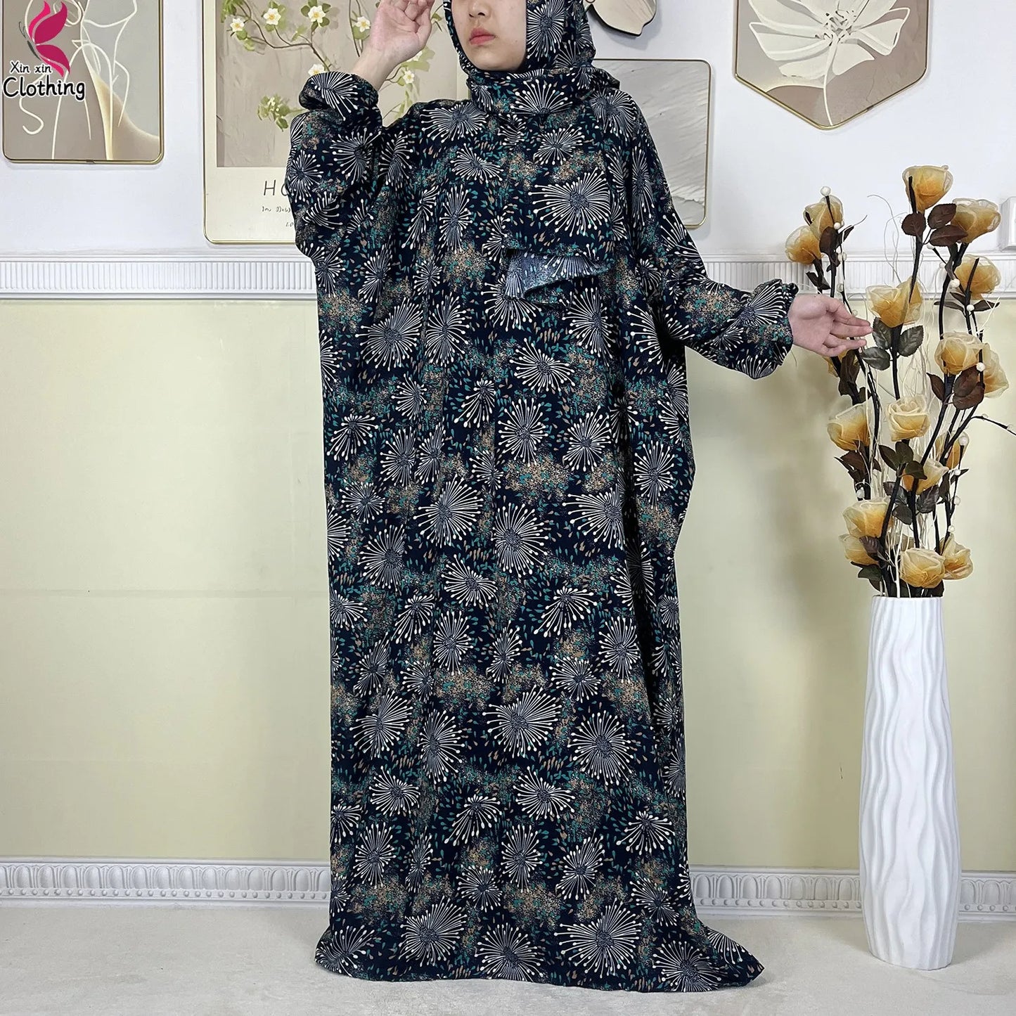2025 New Muslim Abayas For Women Ramadan Prayer Garment Dubai Middle East Femme Robe Cotton Loose African Dress Turban Attached.