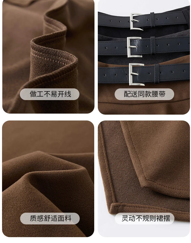 High Quality Irregular Woolen Skirt Women 2025 Autumn Winter New High Waist Slimming Midi Skirt Elegant A-line Faldas with Belt.