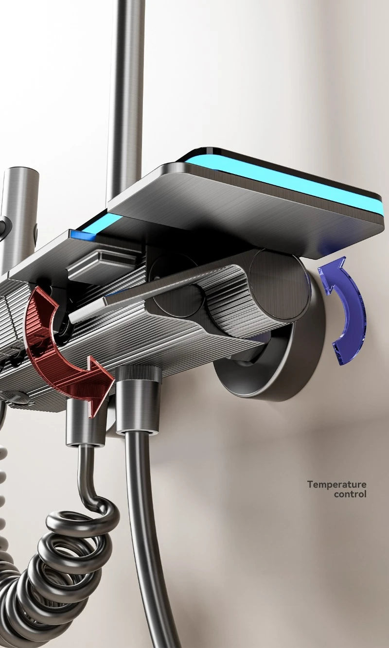 Graues Duschsystem mit Umgebungslicht, intelligentes digitales Duscharmatur-Set, Temperaturanzeige, Regen-Badezimmer-Duschset
