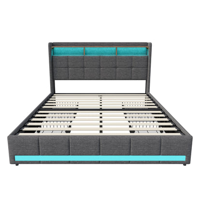 Anajqaqia 160 x 200 cm gepolstertes Doppelbett mit LED-Licht, mit Schublade, mit Aufladung