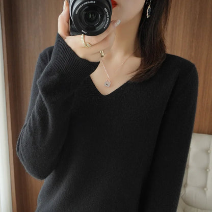 Neue Kaschmir frauen V-ausschnitt Pullover Spitze Neck Aushöhlen Design Beiläufige Gestrickte Lange Hülse frauen Pullover Herbst Und winter