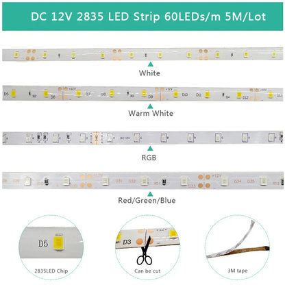 LED-Streifen Licht 5m 120leds smd2835 12v weiß warmrot grün blau rgb luces LED Licht wasserdicht flexible Lampe Band für Raum deko.