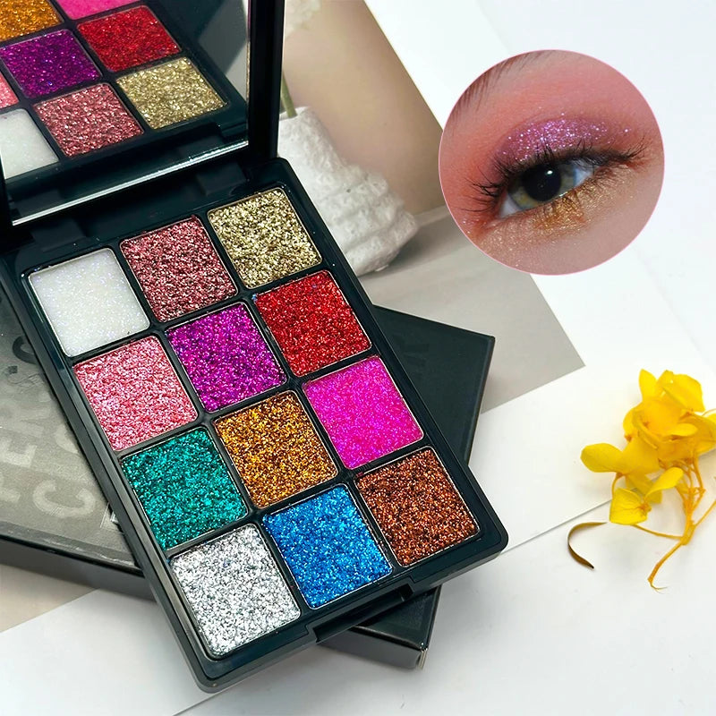 12-Color Glitter Eyeshadow Palette- Highly Pigmented,Long-Lasting Diamond Metal and Matte Shades for a Dazzling Eye Makeup Look.
