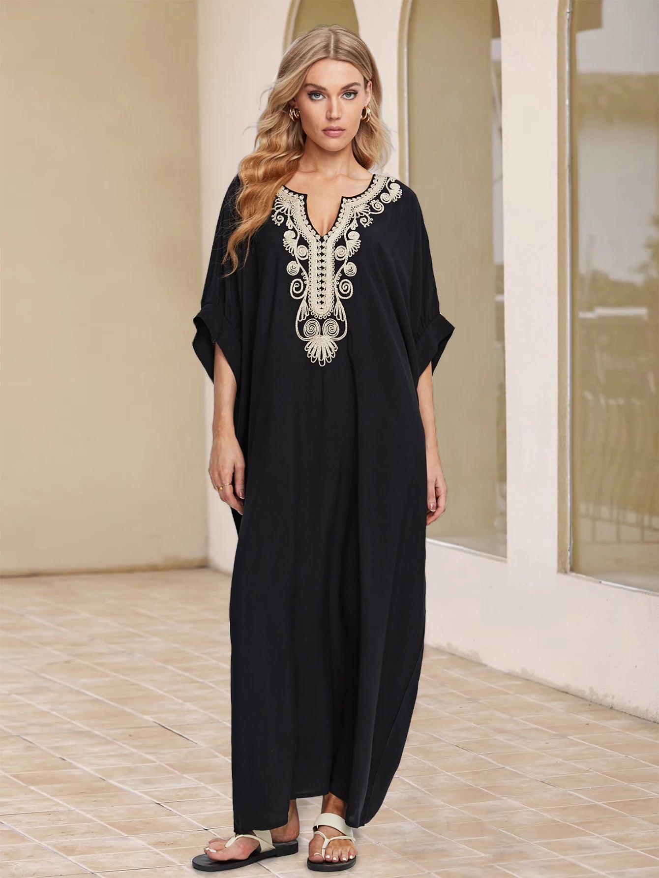2025 Indie Folk Schnürung V-Ausschnitt Fledermausärmel Sommer Strandkleid Tunika Damen Beachwear Kaftan Maxikleid Robe Sarong Q775