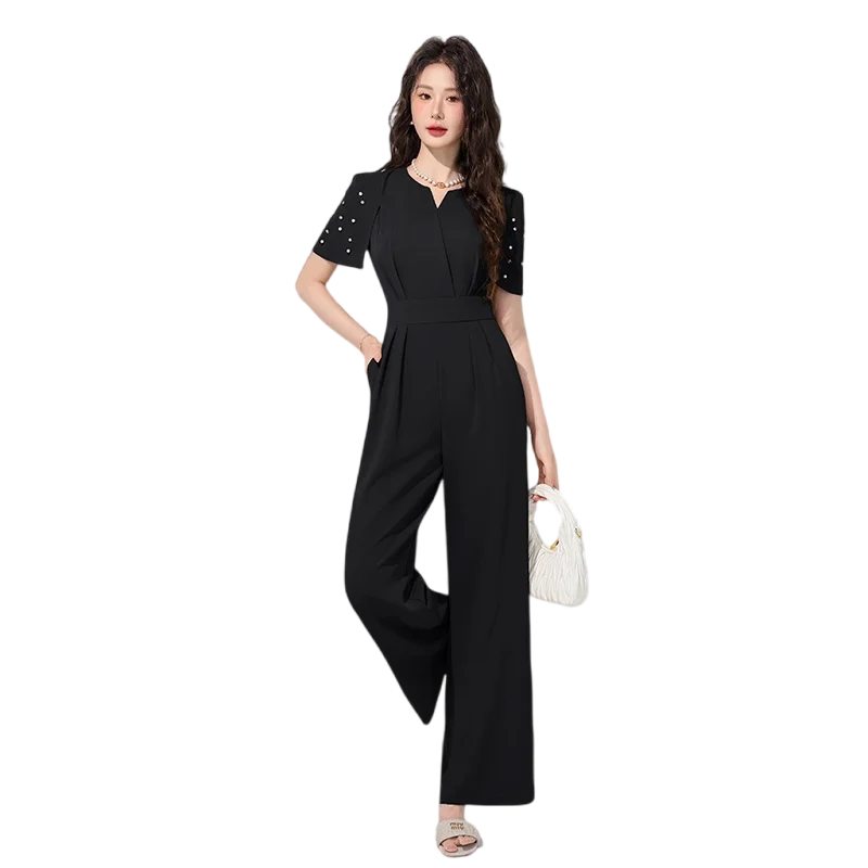 Women's Luxury Diamond-Studded Jumpsuit – Slim Fit Wide Leg Palazzo Pants, Autumn Short Sleeve Romper with High Waist.