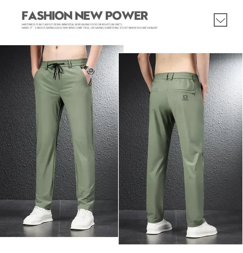 2024 Summer Soft Ice Silk Fabric Men's Thin Casual Pants Korean-style Fashion  Straight High Stretch Trousers Male Luxury Brand.