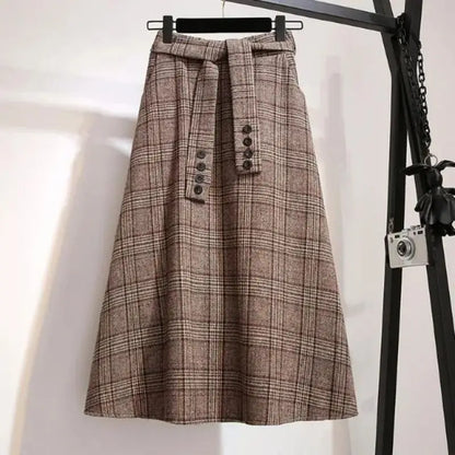 Khaki Plaid Vintage A-line High Waist Lace Up Buttons Loose Women's Skirt Mid-Calf Long Skirts For Women Clothing Fashion 2024.