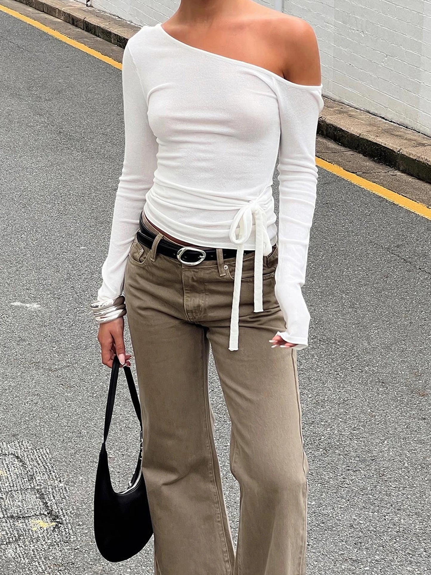 Womens Slim Fitted Tops Long Sleeve Off Shoulder Going Out Fashion Fall Crop Shirts.