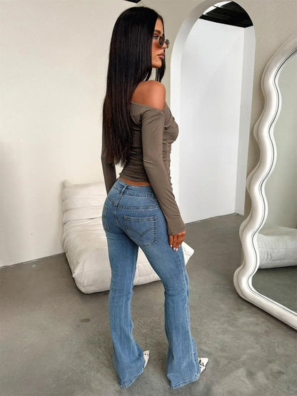 2025 New Spring Women's Casual Long Sleeve Boat Neck Off Shoulder Slim Fit Crop Top Going Out Blouses Y2K Tight Shirts Autumn.