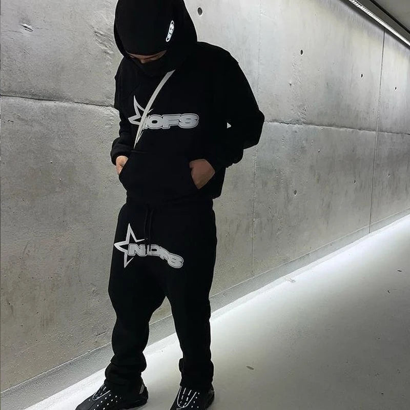 2024 New 2 Piece Set Letter Printing Streetwear Y2K Men's Hip Hop Oversized Hoodie Sweatshirt Sweatpant Casual Pants Sportswear.