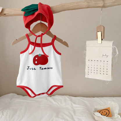 Baby Kleidung Sommer Baby Junge Mädchen Bodysuit Nette Tomaten Druck Ärmellose Infant Sling Onesie + Hut 2Pcs Neugeborenen Fotografie outfit.