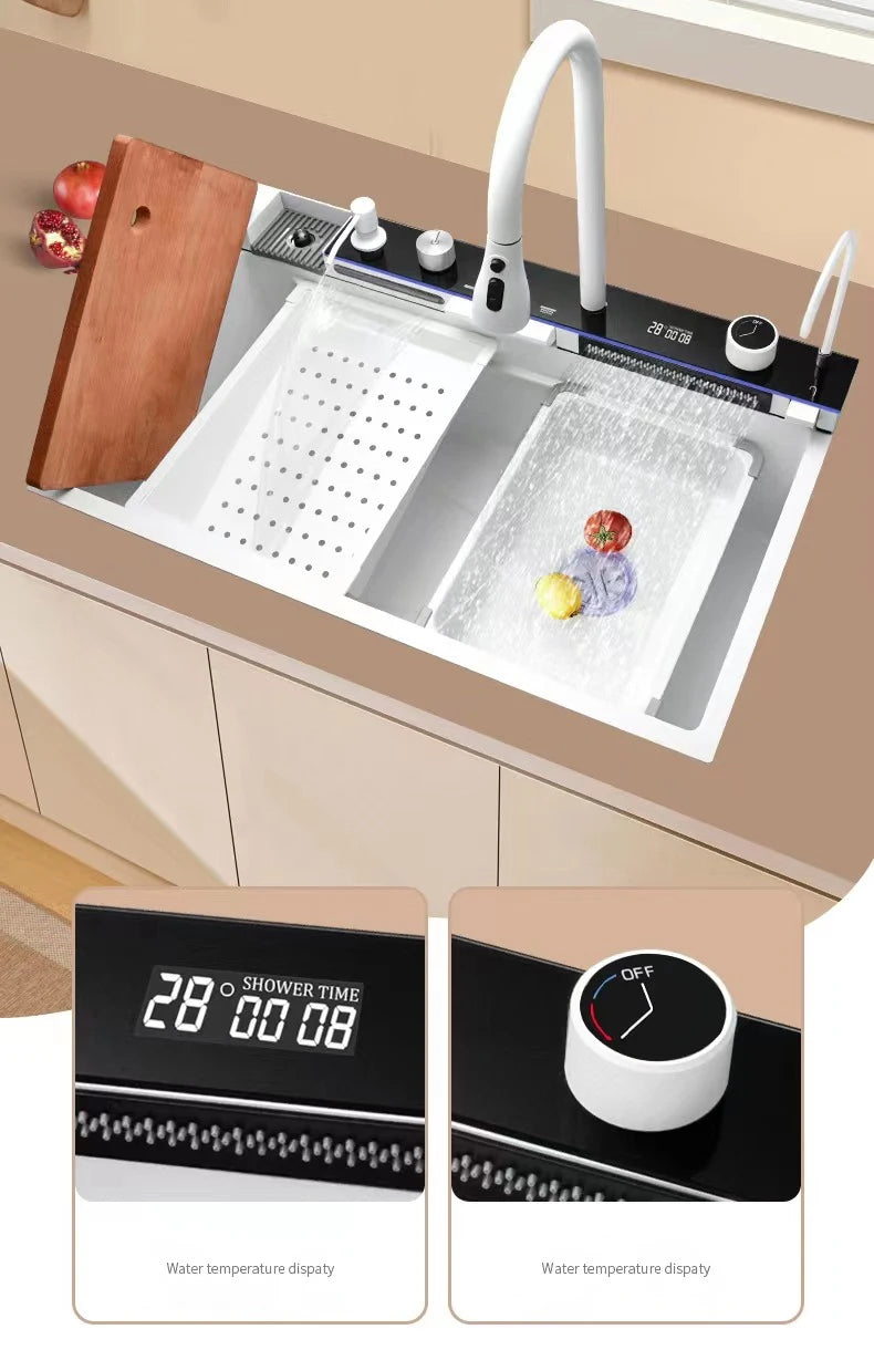 Stainless Steel Kitchen Sink with Hot Cold Pull Out Kitchen Sink Faucets Digital Large Single Bowl Waterfall Rain Kitchen Sinks