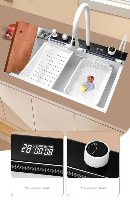 Stainless Steel Kitchen Sink with Hot Cold Pull Out Kitchen Sink Faucets Digital Large Single Bowl Waterfall Rain Kitchen Sinks