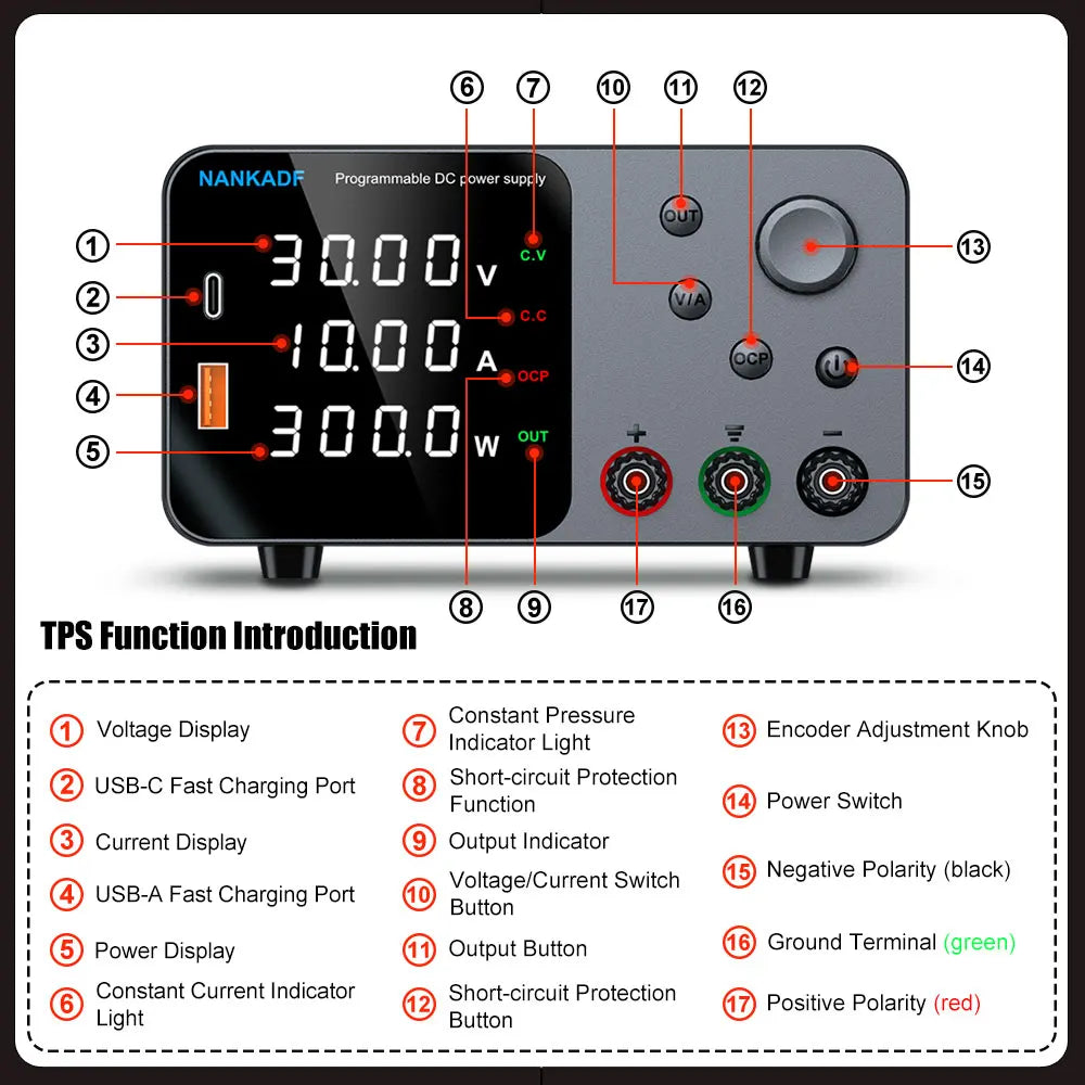 NANKADF DC laboratory power supply 30V 10A bench power supply encoder regulates voltage and current Dual input voltage 220V/110V.