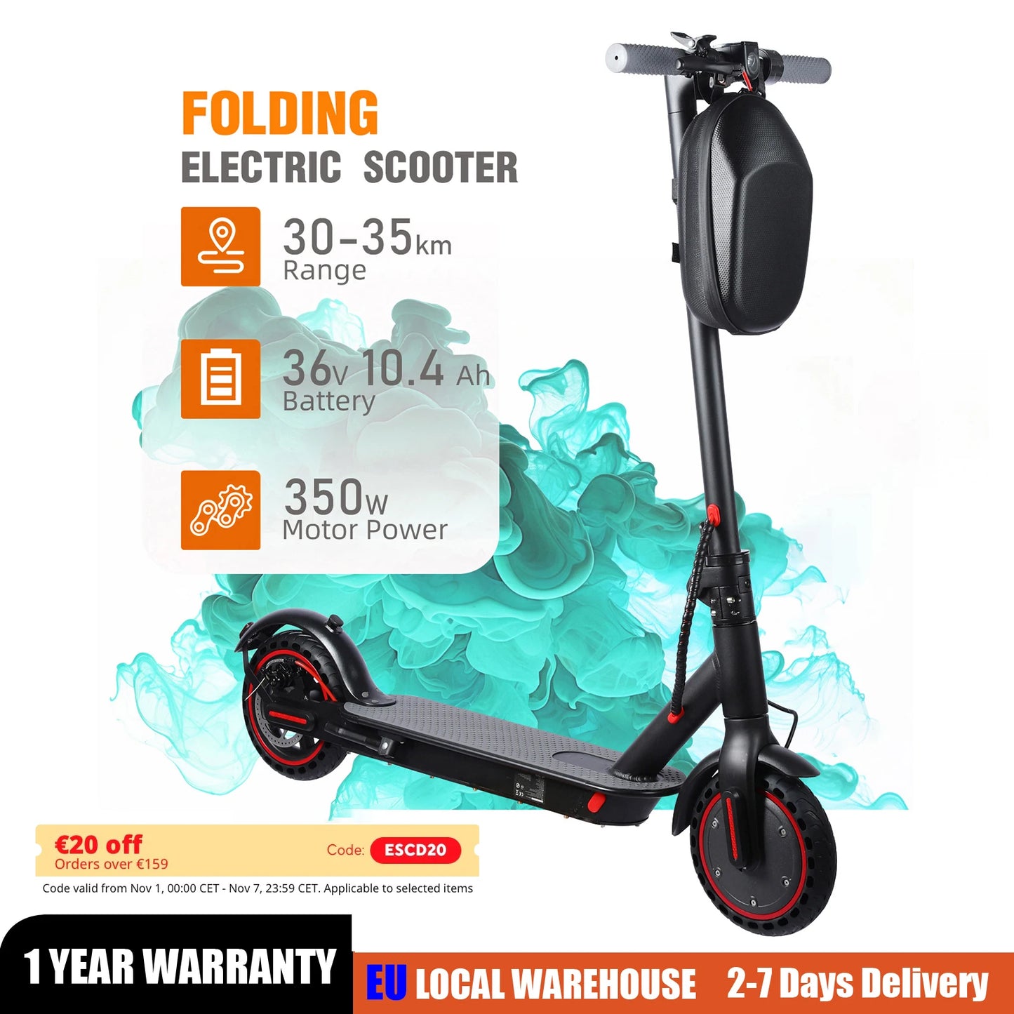 Black 350W Foldable Electric Scooter with Bag for Adults, 30KM Range, APP Support, Foldable Commuter E-scooter.