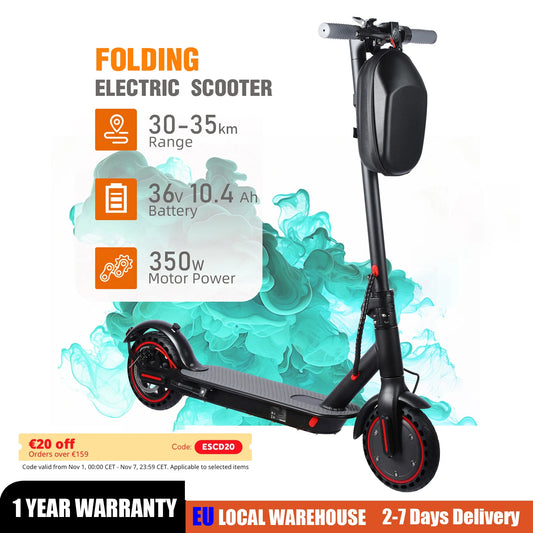 Black 350W Foldable Electric Scooter with Bag for Adults, 30KM Range, APP Support, Foldable Commuter E-scooter.