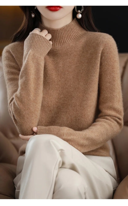 Herbst Winter Frauen Pullover Koreanische Mode Warme Bodenbildung Shirts Halb Hohe Kragen Grundlegende Strickwaren Solide Langarm Pullover