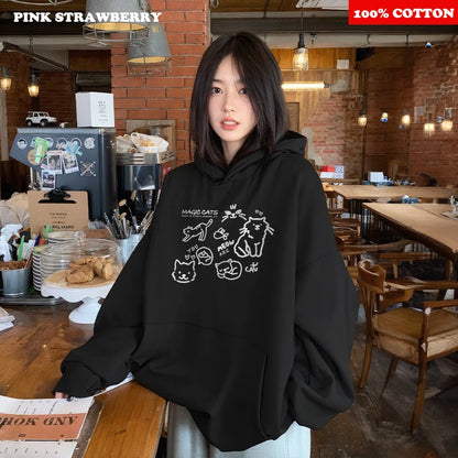 Cute Cat Print Hoodies Women Autumn Winter 2025 New Fashion Street Loose Casual Kangaroo Pouch Sweatshirt Y2K Top kawaii clothes.