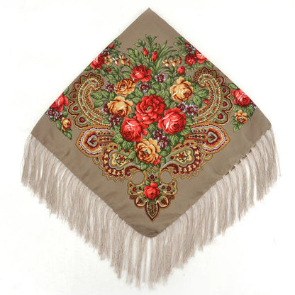 Women Luxury Floral Printed Russian Scarf Ukrainian Fringed Square Scarves Babushka Handkerchief Head Wraps Travel Shawl.