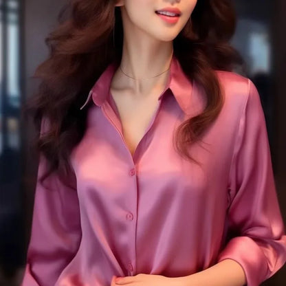 2025 Summer Women's Satin Shirts Elegant Plain Long Sleeve Blouse Office Lady Button-Up Shirt Top Female Shirts Blouse Autumn.