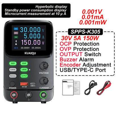 KUAIQU 5 Digits Programmable Adjustable Power Supply 30V 10A,Battery Simulation Tester,Real time Curve Display Voltage Current