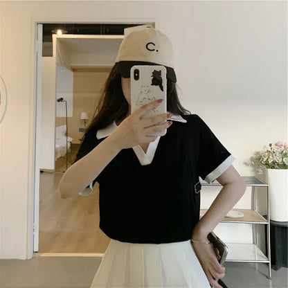 American Style Sweet And Spicy Girl Polo Shirt Women's Summer New Student Design Slimming Short Sleeve T-shirt Color Block.