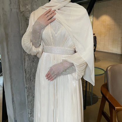 Party Dresses 3 Piece Set for Women Muslim Abaya with Scarf Long Cardigan Robe Vestidos Sashes Dubai Abayas Eid Ramadan Jalabiya.