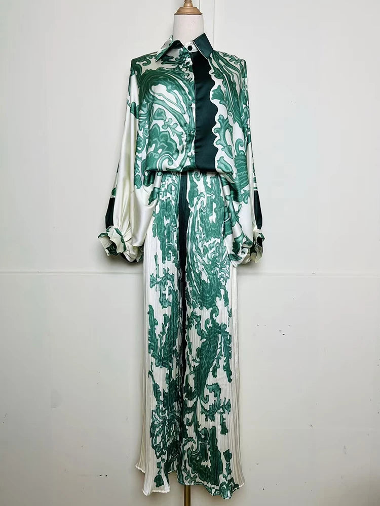 Designer's retro geometric print loose shirt two-piece set for Spring 2025 women's wear + pleated wide-leg pants fashion set.