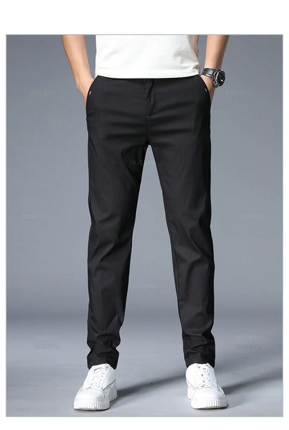 Spring Summer Casual Pants Men Thin Stretch Slim Fit Elastic Waist Business Classic Korean Trousers Male Khaki Gray 38.