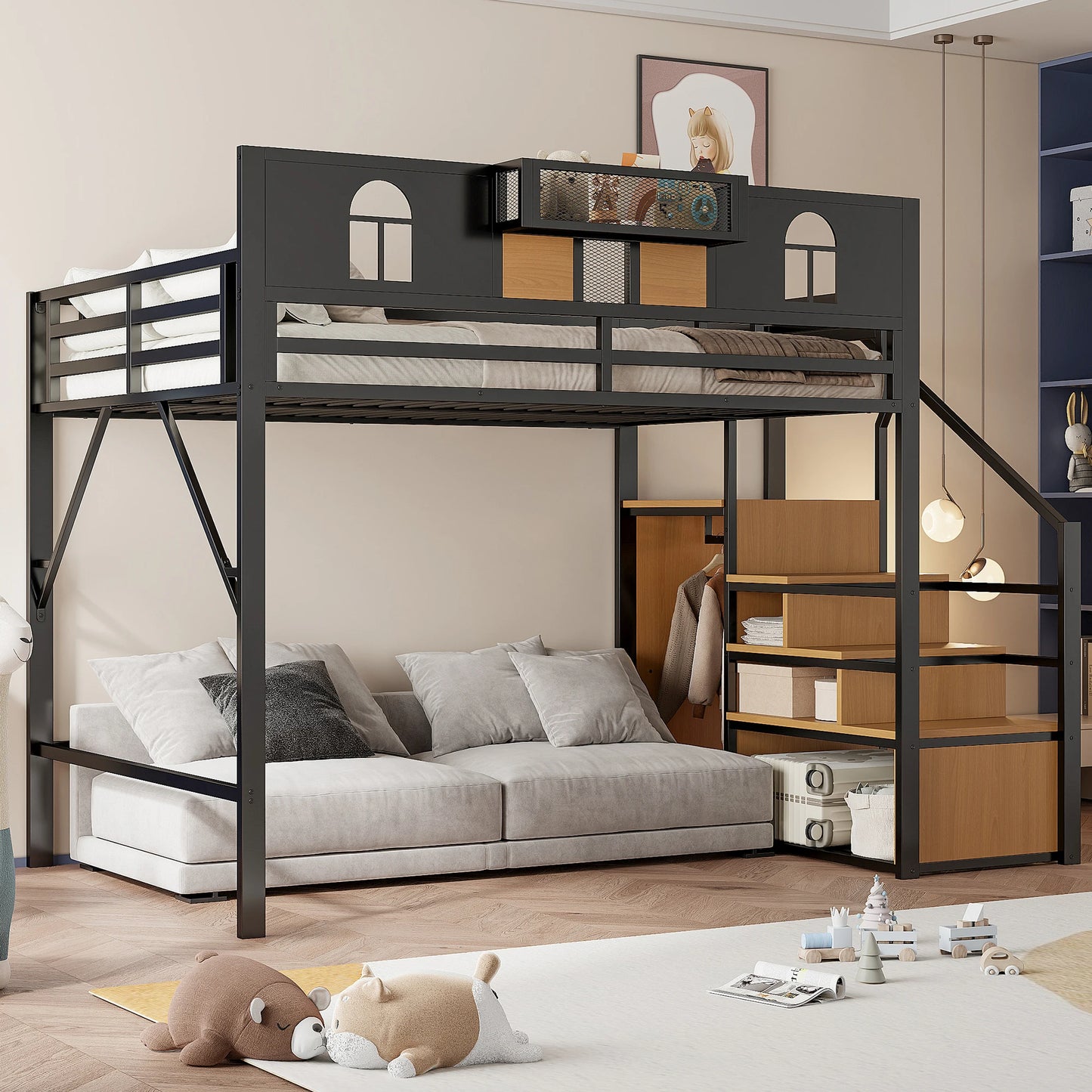 Hochbett 140x200 Jugendbett ohne Matratze mit einzigartige Erhöhte Umzäunung,Bettgestell mit Ablagefläche Am Bett