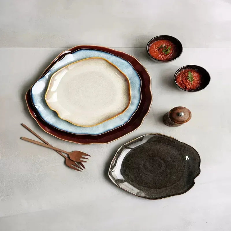 Irregula Ceramic Beef Plate Rice Noodles Soup Bowl Breakfast Bread And Beef Egg Plate.