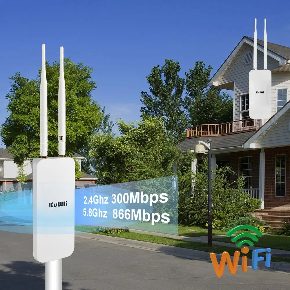 KuWFi 1200Mbps Outdoor Access Point Wireless WiFi Extender Dual Band 2.4G/5GHz AC1200 AP Router with High Gain External Antenna.