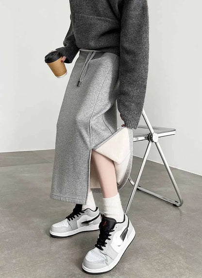 Women's Gray Split Midi Skirts Elasticity Waist Casual Loose Long Skirts Female Autumn Winter Thicken Plus Velvet Straight Skirt.