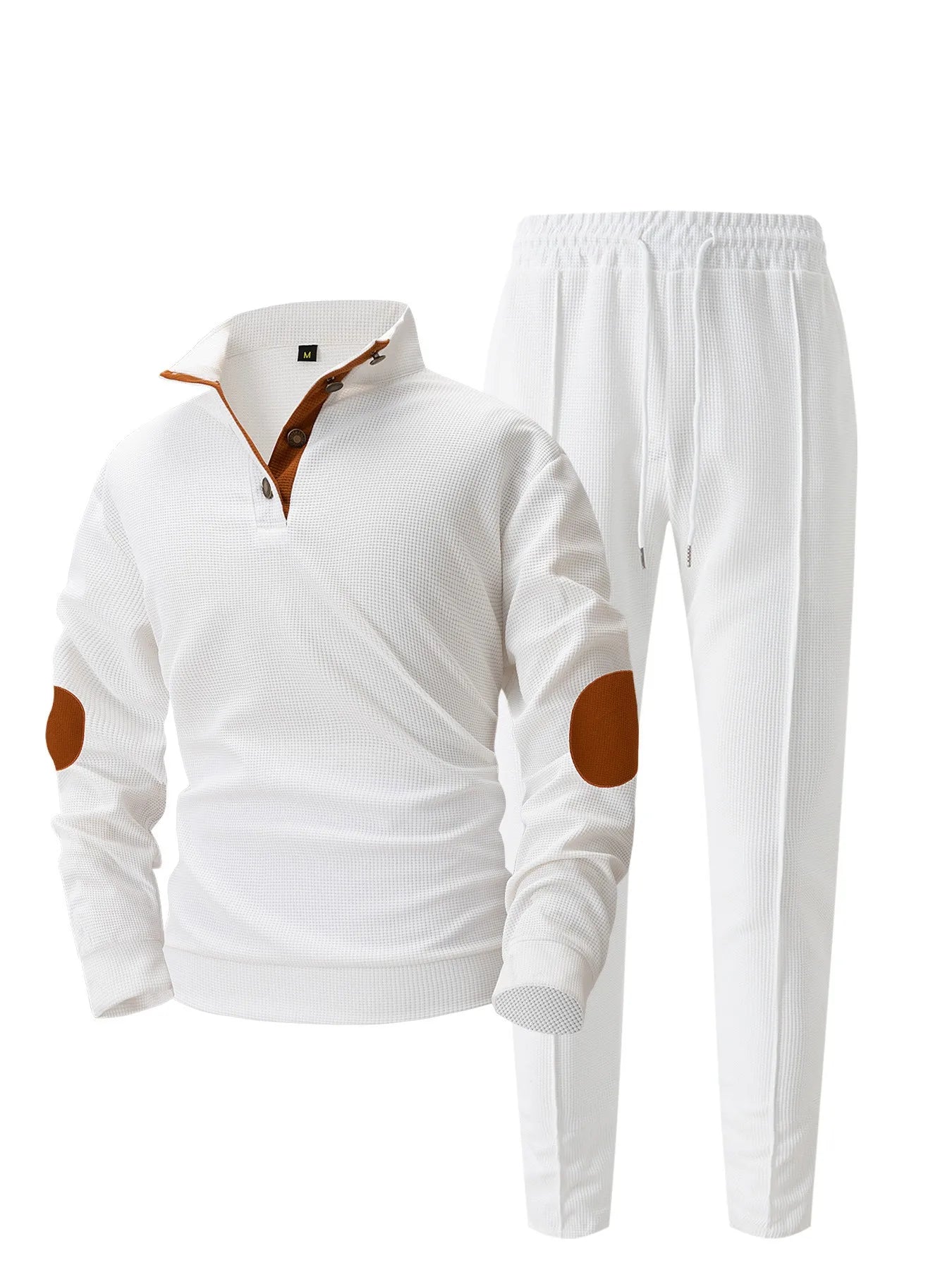 Men's new autumn style American stand-up collar button elbow patch color-block long-sleeve hoodie and pants set.