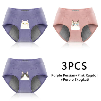 3PCS Cotton Menstrual Panties Leak Proof Breathable Cartoon cat Panties Woman Women Girls Physiological Pants Women's Intimates