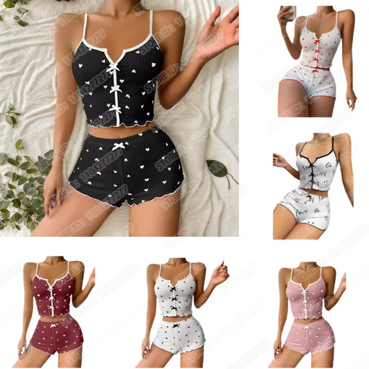 Frauen Sexy Nachtwäsche Pyjamas Set Herz Druck Seide Fleck V-ausschnitt Ärmellose Sexy Dessous Casual Cami und Shorts Sets Loungewear