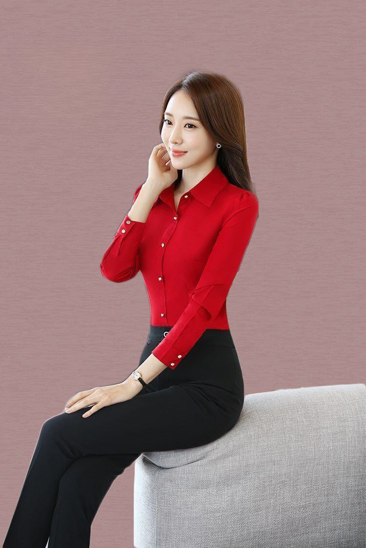 Red Women's Shirt Long Sleeve Blouse Autumn Women Shirts and Blouses Korean Fashion Slim Business Dress Shirt Women's Work Shirt.