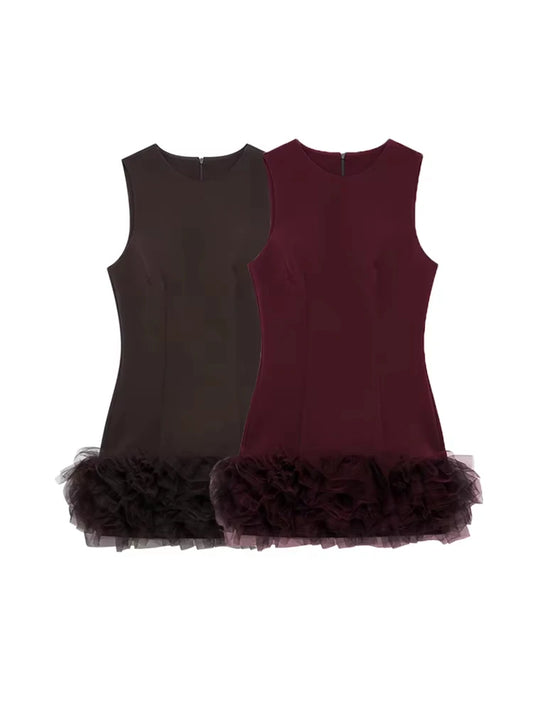 TRZA Wome Mode Mit Tüll Mini Kleid O Neck Ärmellose Zurück Zipper Weibliche Kleider Vestidos Mujer