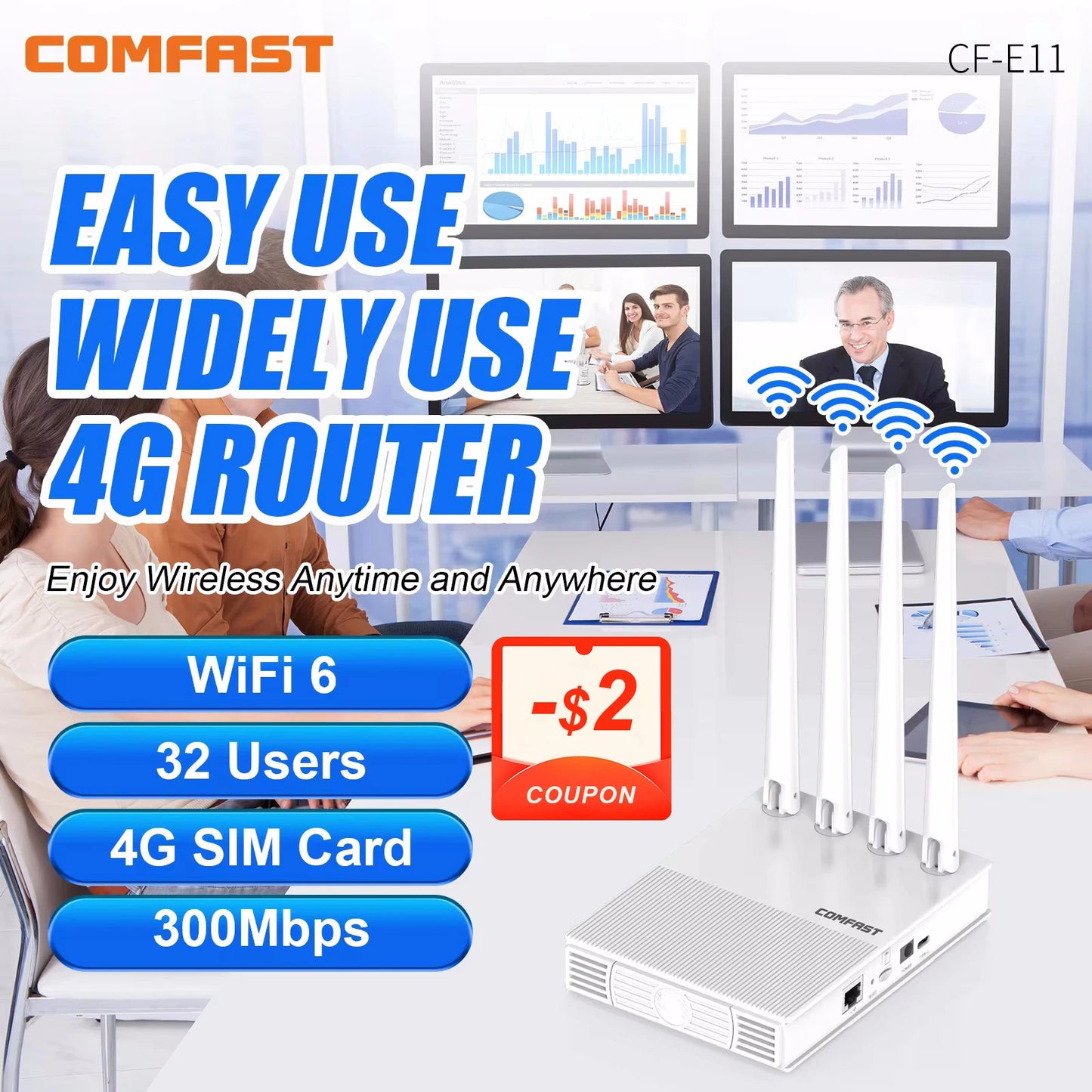 comfast AX300 4G Lte Modem with SIM Card WiFi6 2.4G Outdoor Portable Internet wireless Router ASR1803S Chip 4 Antennas PlugPlay.