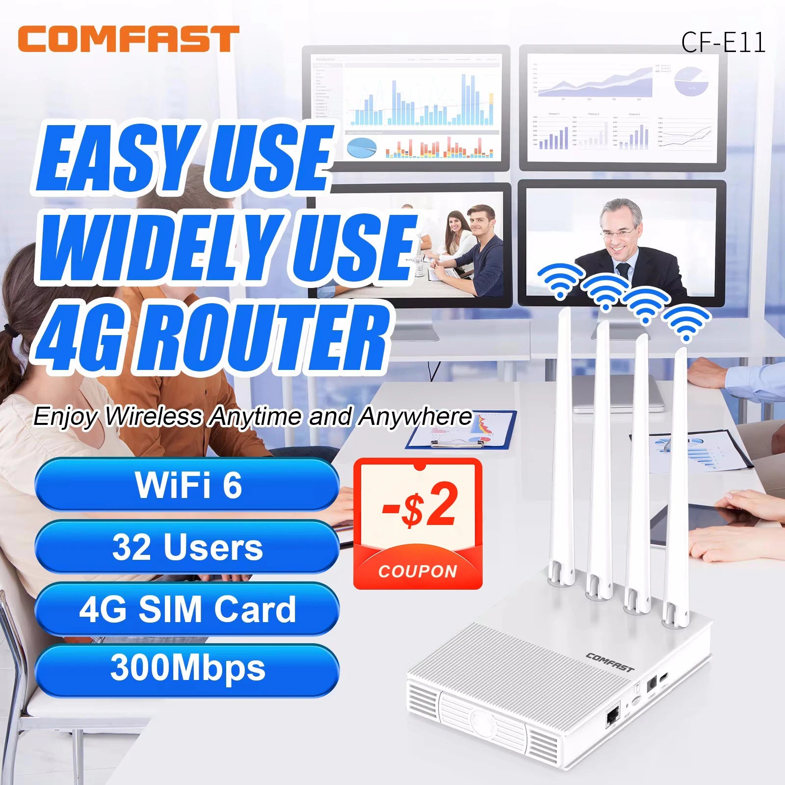 comfast AX300 4G Lte Modem with SIM Card WiFi6 2.4G Outdoor Portable Internet wireless Router ASR1803S Chip 4 Antennas PlugPlay.