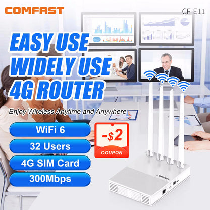 comfast AX300 4G Lte Modem with SIM Card WiFi6 2.4G Outdoor Portable Internet wireless Router ASR1803S Chip 4 Antennas PlugPlay.