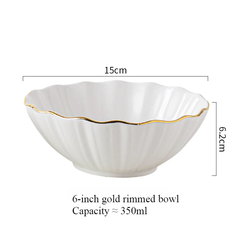 European high-end gold edged ceramic bowl, fruit salad bowl, household breakfast rice noodle bowl, hotel restaurant tableware.