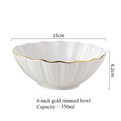 European high-end gold edged ceramic bowl, fruit salad bowl, household breakfast rice noodle bowl, hotel restaurant tableware.