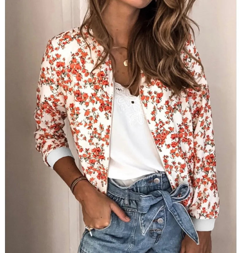 Women Elegant Zipper Bomber Jacket Spring Autumn Floral Printed Jackets Office Wear Slim Office Coat Retro Outwear.
