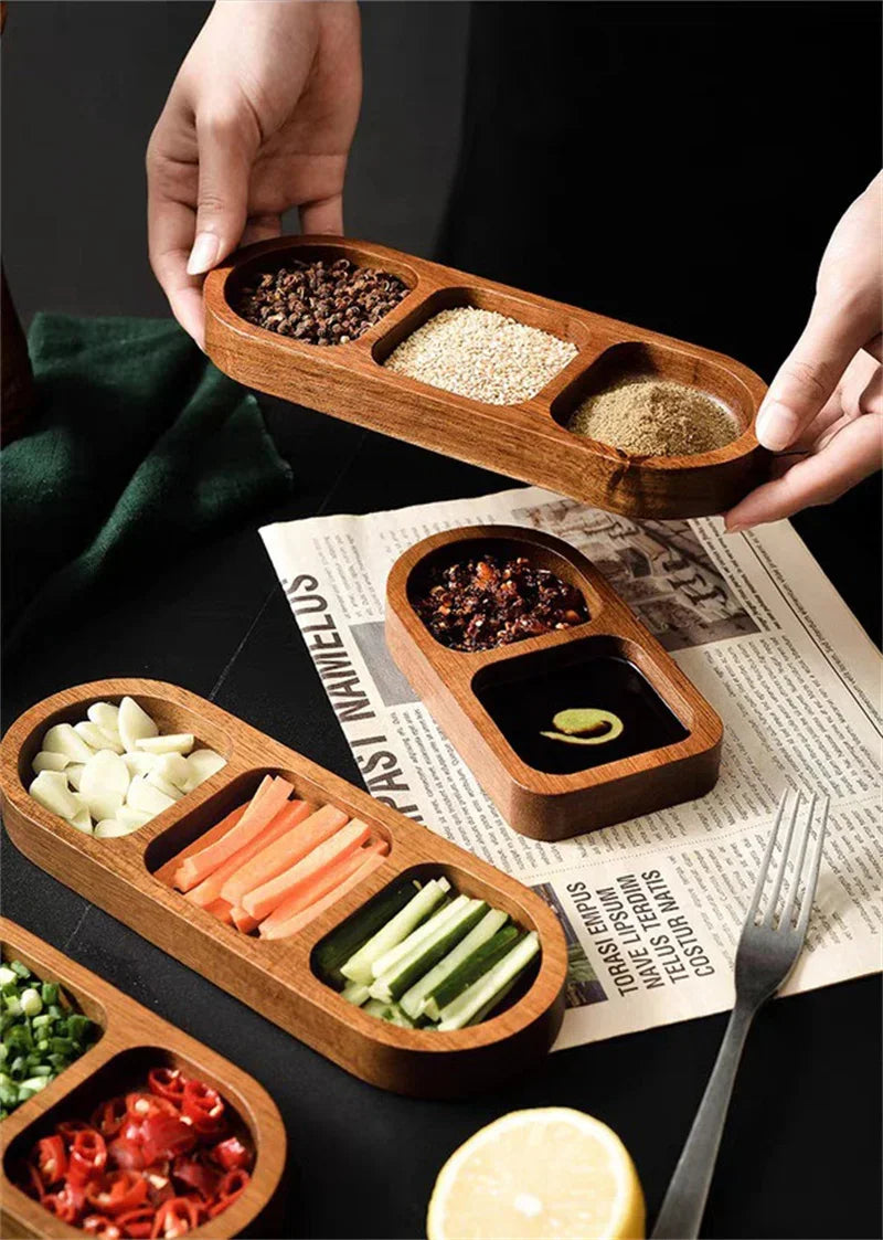 Solid Wood Rectangle Tray 2/3 Grid Condiment Plate Breakfast Sushi Bread Dessert Sauce Plate Kitchen Dinner Seasoning Dish.