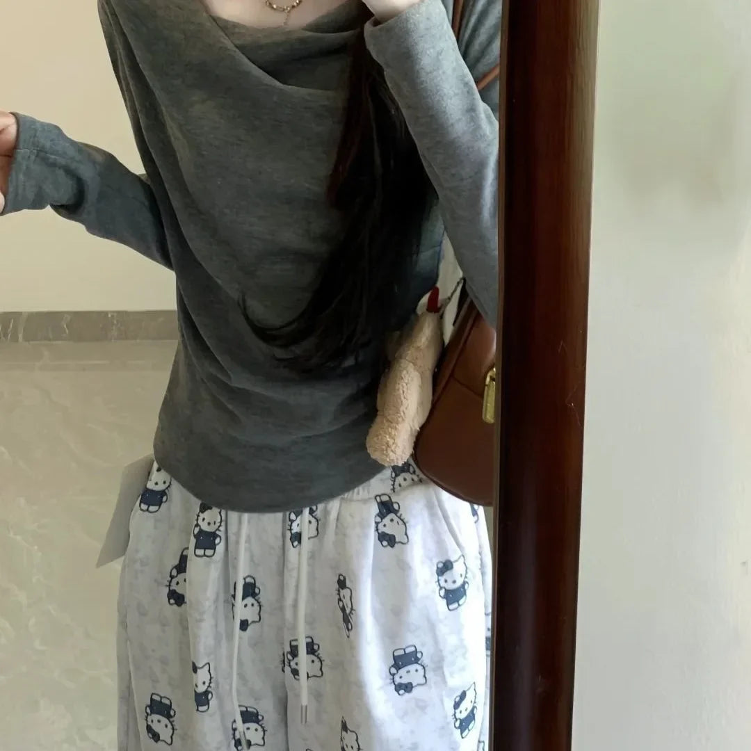 Sweet Crew Neck Irregular Long Sleeve Women's T-shirt Slimming Waist Design Base Layer Fashionable Bottoming Top.