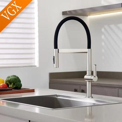 VGX Brushed Kitchen Faucet Sink Faucets Rubber Pull Down Stream Sprayer Taps Rotatable Kitchen Mixer Water Tap Hot Cold Crane