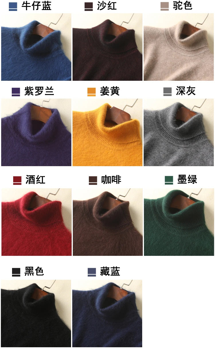 Men's 100% pure Mink Knitted Sweater Turtleneck Large Size Casual Pullover Autumn Winter New Base Shirt Men Warm High Lapels Top.